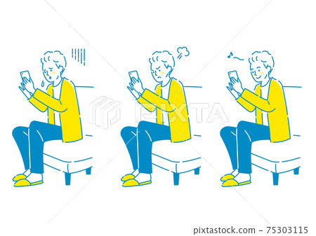 Facial expression set of a young man staring at a smartphone Facial expression set of a young man staring at a smartphone 75303115