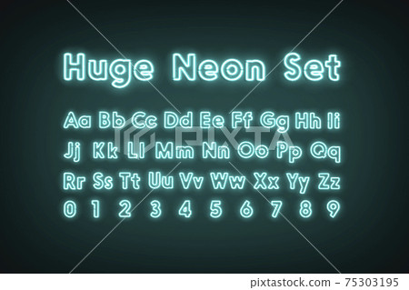 Turquoise neon capital alphabet letters and numbers, glow font set 75303195