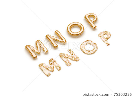 Inflated, deflated gold M N O P letters, balloon font 75303256