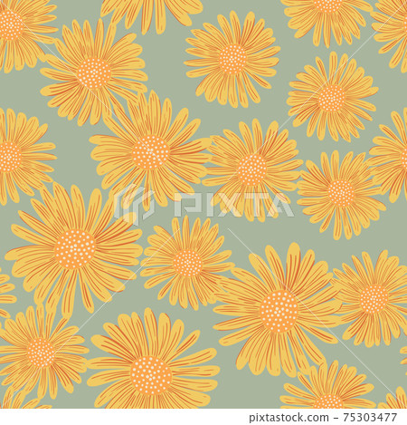 Random seamless pattern with daisy bloom yellow ornament. Blue pastel background. Summer print. Random seamless pattern with daisy bloom yellow ornament. Blue pastel background. Summer print. 75303477