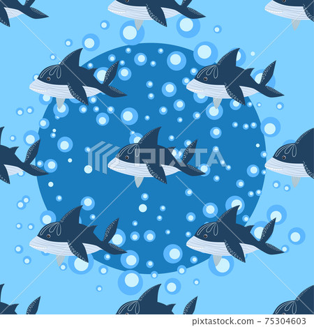 Shark in Scandinavian style surrounded by fish, starfish, seaweed, seashells, hand drawn Shark in Scandinavian style surrounded by fish, starfish, seaweed, seashells, hand drawn 75304603