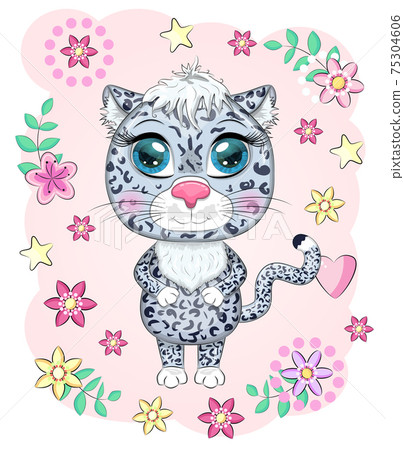 Cartoon snow leopard with expressive eyes among flowers, hearts, decorative elements. Wild animals, character, childish cute style. Cartoon snow leopard with expressive eyes among flowers, hearts, decorative elements. Wild animals, character, childish cute style. 75304606