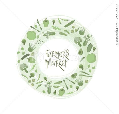 Green shop sign with green outline vegetables frame. Handwritten lettering fresh font for sign shop, window sticker supermarket, poster. Vector stock illustration isolated on white background. 75305322