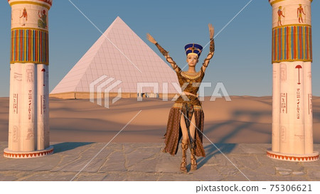 Queen Nefertiti dancing in front of the great pyramid of Giza and a view of the desert in the ancient temple. Historical animation. The Great Pyramids In Giza Valley, Cairo, Egypt. 3d rendering. 75306621