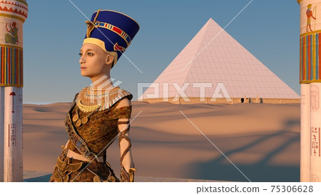 Queen Nefertiti in front of the great pyramid of Giza and a view of the desert in the ancient temple. Historical animation. The Great Pyramids In Giza Valley, Cairo, Egypt. 3d rendering. Queen Nefertiti in front of the great pyramid of Giza and a view of the desert in the ancient temple. Historical animation. The Great Pyramids In Giza Valley, Cairo, Egypt. 3d rendering. 75306628