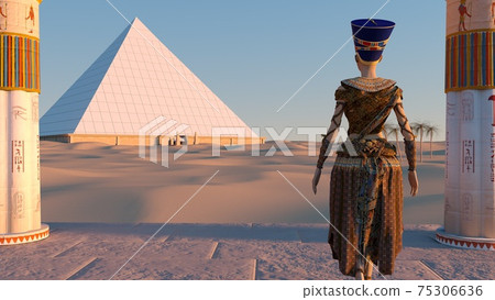 Queen Nefertiti admires the pyramids and desert views from the ancient temple. Historical animation. The Great Pyramids In Giza Valley, Cairo, Egypt. 3d rendering. Queen Nefertiti admires the pyramids and desert views from the ancient temple. Historical animation. The Great Pyramids In Giza Valley, Cairo, Egypt. 3d rendering. 75306636