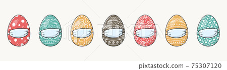 Colourful Easter eggs with face masks. Banner. Holidays during pandemic. Vector 75307120