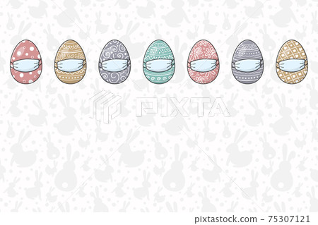 Colourful Easter eggs with face masks. Background with copyspace. Holidays during pandemic. Vector 75307121