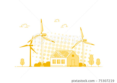 Modern House with Solar Panels and wind Turbines. Modern House with Solar Panels and wind Turbines. 75307219