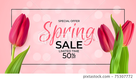 Spring Sale Template Background with realistic Tulip Flower, Frame and lights. Vector Illustration 75307772