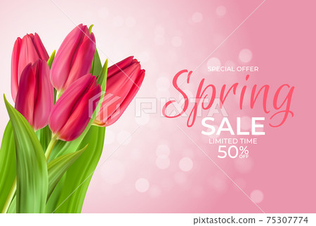 Spring Sale Template Background with realistic Tulip Flower and bokeh. Vector Illustration 75307774