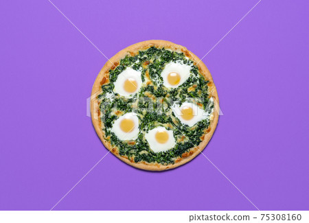 Vegetarian pizza with spinach and eggs isolated on purple color. Pizza, flat lay Vegetarian pizza with spinach and eggs isolated on purple color. Pizza, flat lay 75308160