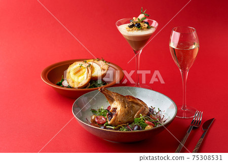 Brunch Dinner menu. Snack - Scottish Eggs, fried quail and Dessert - Trio Muss red background. 75308531