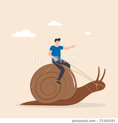 Man, riding snail, giving it commands. Strategy to achieve success leisurely. 75308583