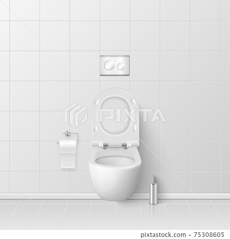Vector 3d Realistic White Ceramic Toilet in the Bathroom, Toilet Room. Opened Toilet Bowl with Lid. Plumbing, Mockup, Design Template for Interior, Cleaning, Hygiene Concept. Front View 75308605