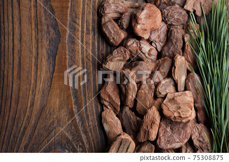 Pine bark and branch of pine tree on wooden board, top view. Natural background. 75308875