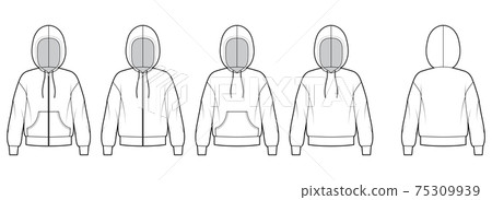 Set of Zip-up Hoody sweatshirt technical fashion illustration with long sleeves, oversize, kangaroo pouch, knit rib cuff 75309939
