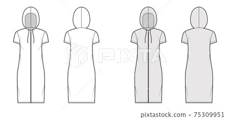 Zip-up Hoody dress technical fashion illustration with short sleeves, knee length, oversized body, Pencil fullness. Flat 75309951