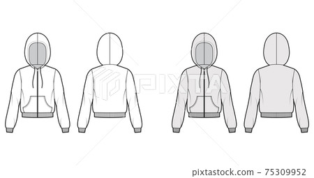 Zip-up Hoody sweatshirt technical fashion illustration with long sleeves, kangaroo pouch, knit rib cuff, banded hem 75309952