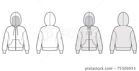 Zip-up Hoody sweatshirt technical fashion illustration with long sleeves, oversized body, kangaroo pouch, drawstring 75309953