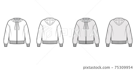 Zip-up Hoody sweatshirt technical fashion illustration with long sleeves, oversized body, knit rib cuff, banded hem.  75309954