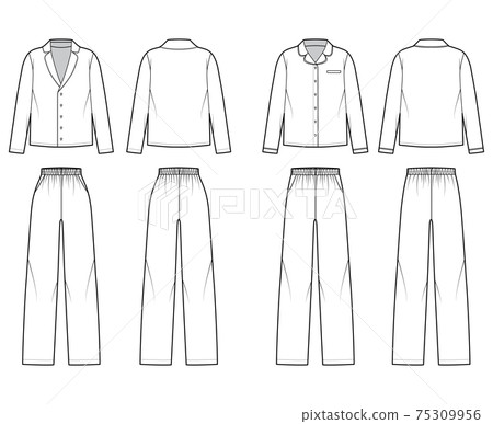 Set of Sleepwear Pajamas shirt, pants technical fashion illustration with full length, normal low waist, oversized 75309956