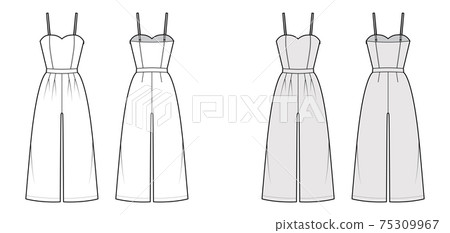 Cami jumpsuits culotte overall technical fashion illustration with ankle length, normal waist, rise, strap, fitted body 75309967