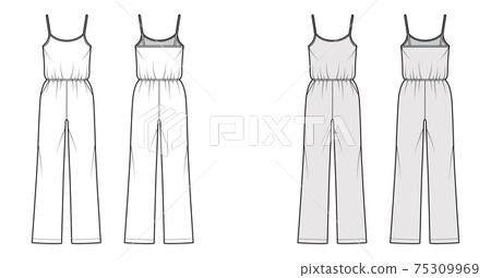 Camisole jumpsuit Dungaree overall technical fashion illustration with full length, normal elastic waist, oversized 75309969