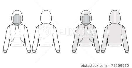 Hoody sweatshirt technical fashion illustration with long sleeves, relax body, kangaroo pouch, banded hem, drawstring 75309970
