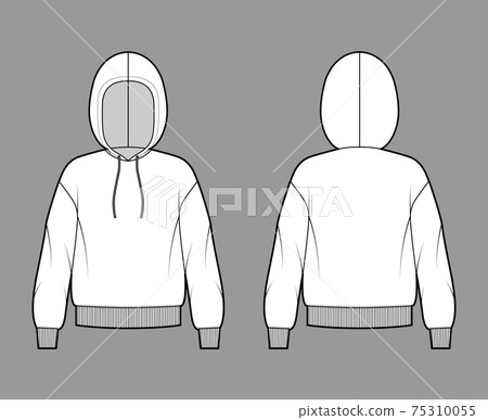 Hoody sweatshirt technical fashion illustration with long sleeves, oversized body, knit rib cuff, banded hem, drawstring 75310055