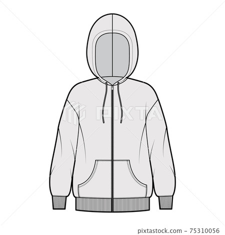 Zip-up Hoody sweatshirt technical fashion illustration with long sleeves, oversized, kangaroo pouch, rib cuff banded hem 75310056