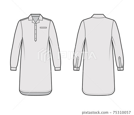 Nightshirt dress Sleepwear Pajama technical fashion illustration with knee length, classic henley collar, long sleeves 75310057