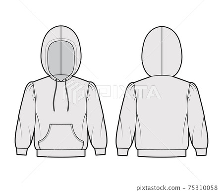 Hoody sweatshirt technical fashion illustration with elbow sleeves, relax body, kangaroo pouch, banded hem, drawstring 75310058