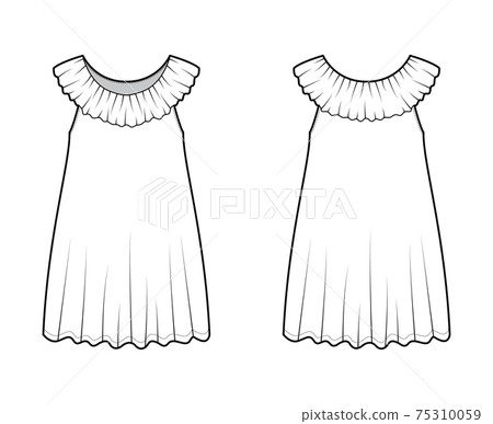 Negligee dress Sleepwear Pajamas technical fashion illustration with mini length, frilled collar, trapeze silhouette 75310059