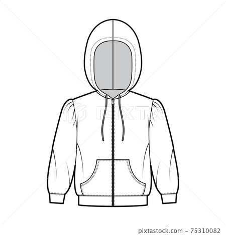 Zip-up Hoody sweatshirt technical fashion illustration with elbow sleeves, relax body, kangaroo pouch, banded hem 75310082