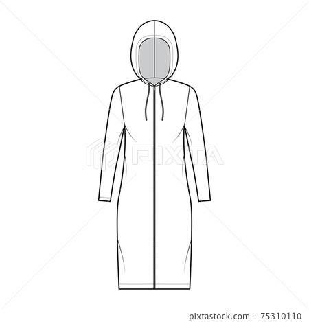 Zip-up Hoody dress technical fashion illustration with long sleeves, knee length, oversized body, Pencil fullness. Flat  75310110