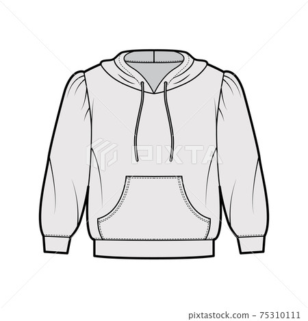 Hoody sweatshirt technical fashion illustration with elbow sleeves, relax body, kangaroo pouch, banded hem, drawstring. 75310111