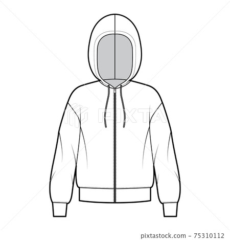 Zip-up Hoody sweatshirt technical fashion illustration with long sleeves, oversized body, cuff, drawstring. Flat apparel 75310112