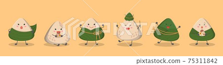 亞洲的節日,端午節的食物糯米卡通人物與吉祥物集合,漫畫插畫向量 75311842