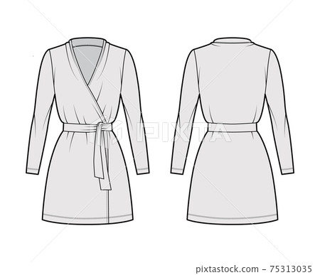 Wrap dress technical fashion illustration with deep V-neck, long sleeves, oversized, mini length, pencil cut, tie 75313035
