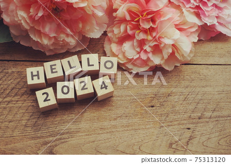 Hello 2024 alphabet letter with space copy on wooden background 75313120
