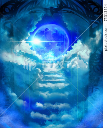 通往天堂，陽光和行星在藍藍的天空中閃耀的雲樓梯 75313324