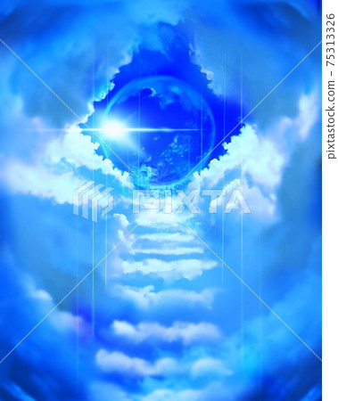 通往天堂，陽光和行星在藍藍的天空中閃耀的雲樓梯 75313326