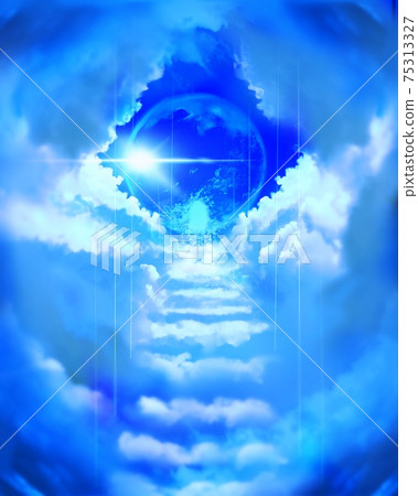 通往天堂，陽光和行星在藍藍的天空中閃耀的雲樓梯 75313327