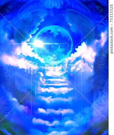 通往天堂，陽光和行星在藍藍的天空中閃耀的雲樓梯 75313328