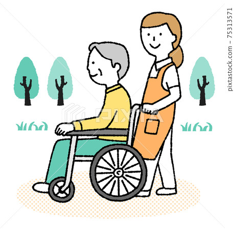 A woman in a care staff who pushes an elderly man's wheelchair and takes a walk outdoors 75313571