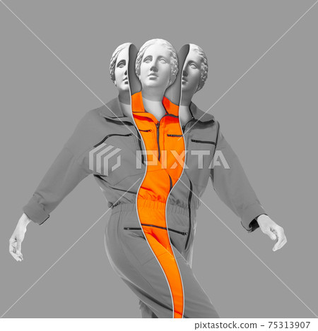 Collage with plaster antique sculpture of human face in a pop art style. Modern creative concept image with ancient statue head. Zine culture. Contemporary art poster. Funky minimalism. Retro design. 75313907