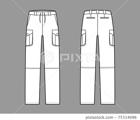 Zip-off convertible pants technical fashion illustration with low waist, high rise, box cargo jetted pockets, drawstring Zip-off convertible pants technical fashion illustration with low waist, high rise, box cargo jetted pockets, drawstring 75314096