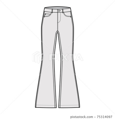 Jeans flared bottom Denim pants technical fashion illustration with full length, low waist, rise, 5 pockets, Rivets Flat Jeans flared bottom Denim pants technical fashion illustration with full length, low waist, rise, 5 pockets, Rivets Flat 75314097