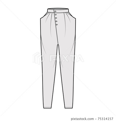 Tapered Baggy pants technical fashion illustration with normal waist, high rise, slash pockets, draping, full lengths Tapered Baggy pants technical fashion illustration with normal waist, high rise, slash pockets, draping, full lengths 75314157